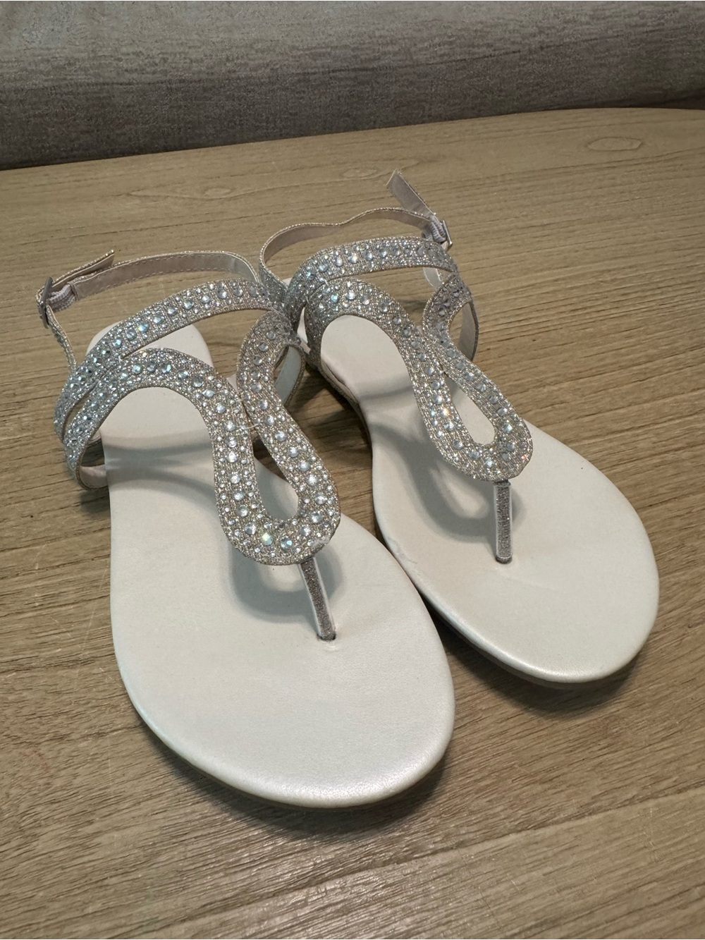 Sparkling White Rhinestone T-Strap Sandals with Ankle Strap